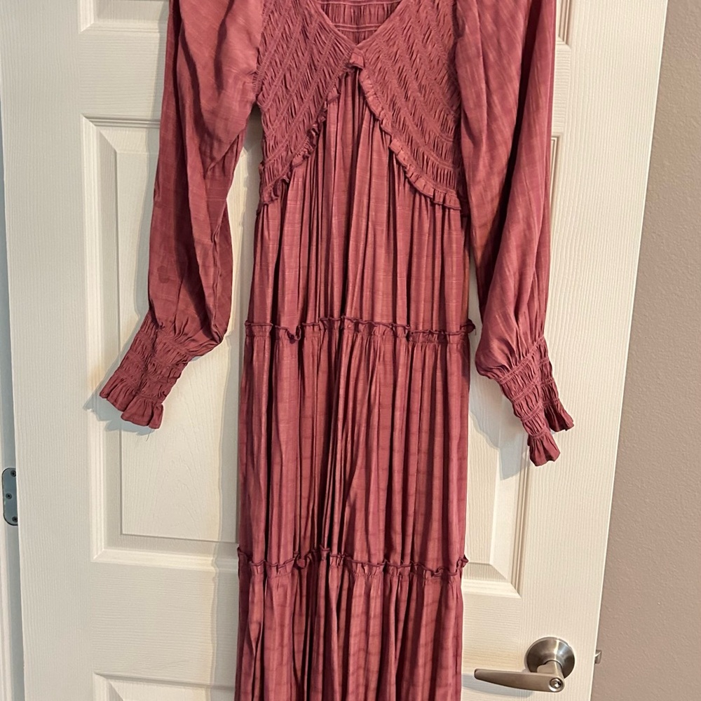 Pink Ruched Maxi Dress with Bishop Sleeves